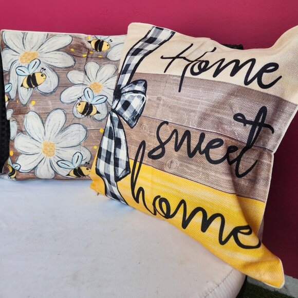 Honey Bee Decorative Throw Pillow Covers Spring Decor Yellow Floral Accent Cases - Picture 3 of 5